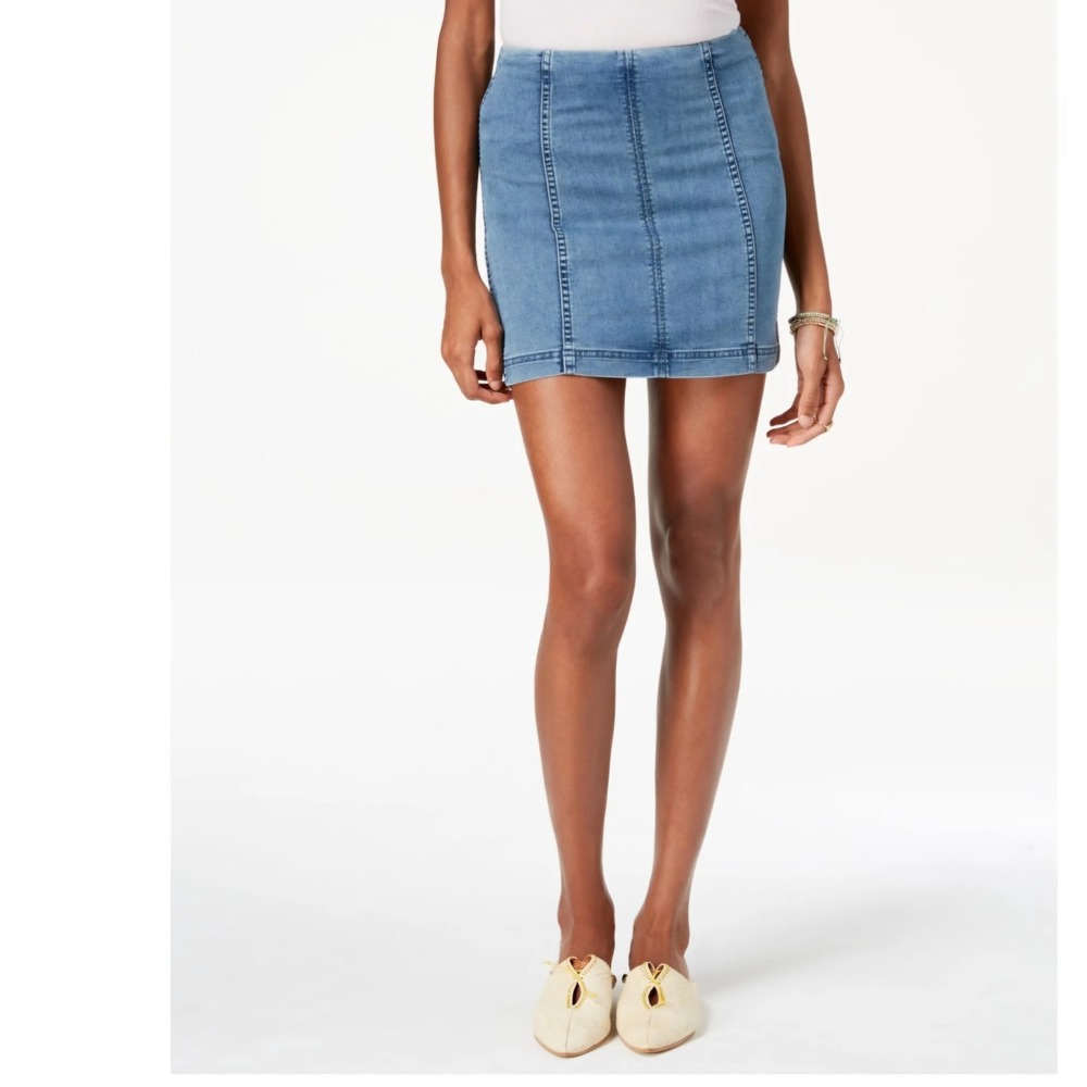Free People SZ 12 Dark Wash Back Zip Stretch Denim Mini Skirt Bodycon